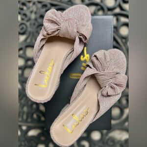 Lulu's Dorothea Taro Shimmer Heels: Shimmery Knot-Front Block Heel